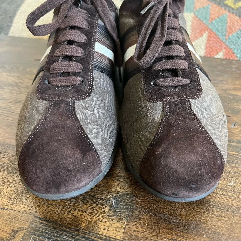 GUCCI Brown Canvas/Suede Web Detail Low Top Sneakers Gucci Size 7.5 US8